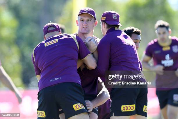Coen Hess takes on the defence during a Queensland Maroons training session at Sanctuary Cove on May 31, 2018 at the Gold Coast, Australia.
