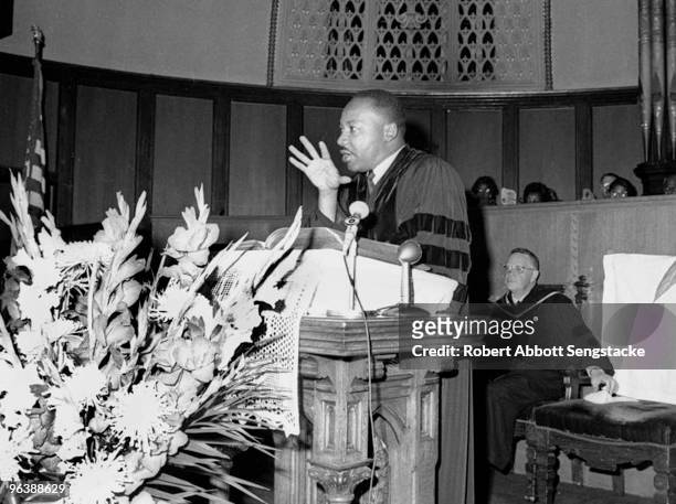 American Civil Rights leader Dr. Martin Luther King Jr. Speaks at Quinn Chapel on the South Side of Chicago, Illinois, 1960s.