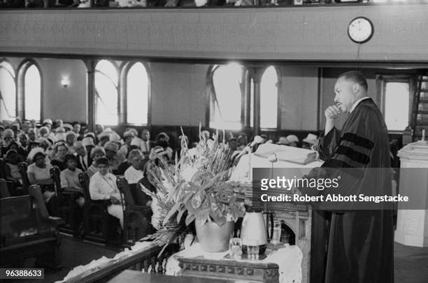 American Civil Rights leader Dr. Martin Luther King Jr. Speaks at Quinn Chapel on the South Side of Chicago, Illinois, 1960s.