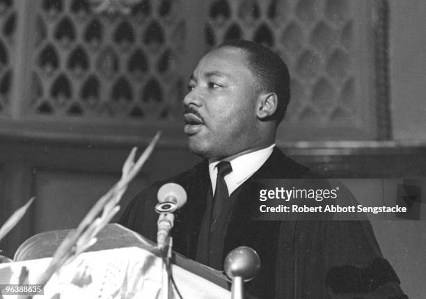 American Civil Rights leader Dr. Martin Luther King Jr. Speaks at Quinn Chapel on the South Side of Chicago, Illinois, 1966.