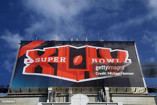 The Super Bow XLIV logo is seen atop Sun Life Stadium on February 3, 2010 in Miami Gardens, Florida. Sun Life Stadium, which recently had its named...