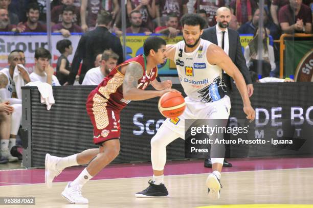 Edgar Sosa of Umana competes with Shavon Shields of Dolomiti Energia during the LBA Legabasket of Serie A match play off semifinal game 1 between...