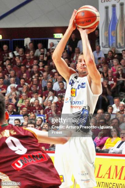 Diego Flaccadori of Dolomiti Energia competes with Austin Daye of Umana during the LBA Legabasket of Serie A match play off semifinal game 1 between...