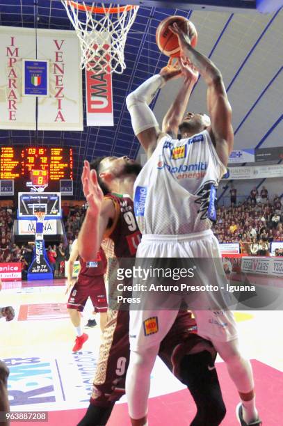 Joao Gomes of Dolomiti Energia competes with Michael Bramos and Austin Daye of Umana during the LBA Legabasket of Serie A match play off semifinal...
