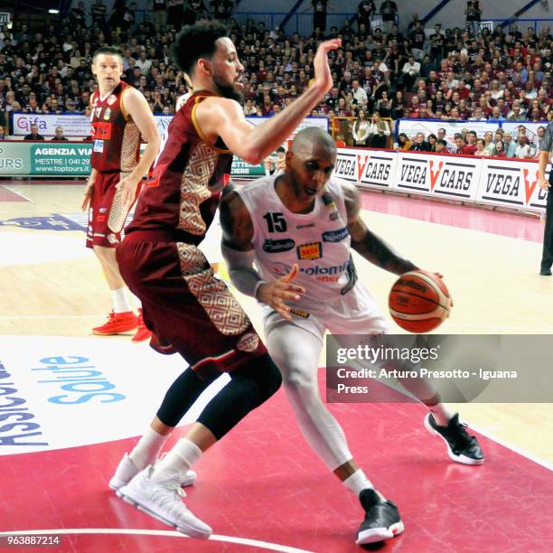 Joao Gomes of Dolomiti Energia competes with Michael Bramos and Austin Daye of Umana during the LBA Legabasket of Serie A match play off semifinal...