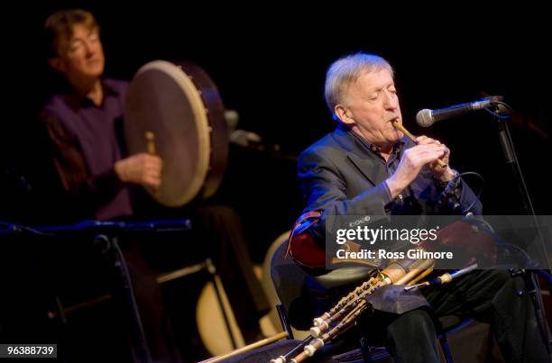 Paddy Moloney of the of The Chieftains performs on stage with Ry Cooder as part of the Celtic Connections festival at Glasgow Royal Concert Hall on...