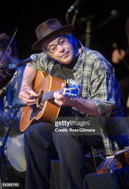 Ry Cooder performs on stage with the The Chieftains as part of the Celtic Connections festival at Glasgow Royal Concert Hall on January 26, 2010 in...