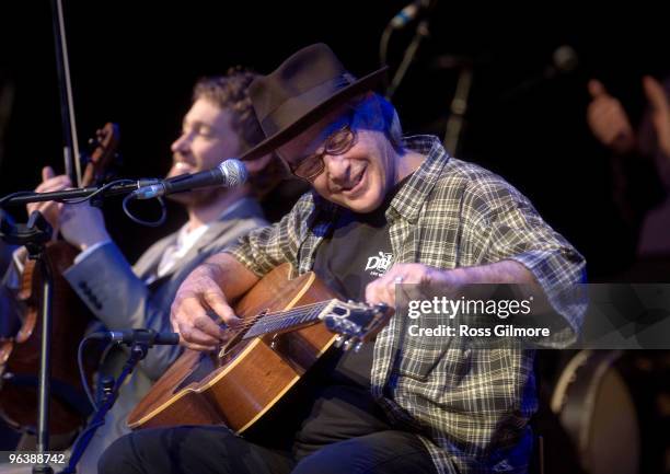 Ry Cooder performs on stage with the The Chieftains as part of the Celtic Connections festival at Glasgow Royal Concert Hall on January 26, 2010 in...