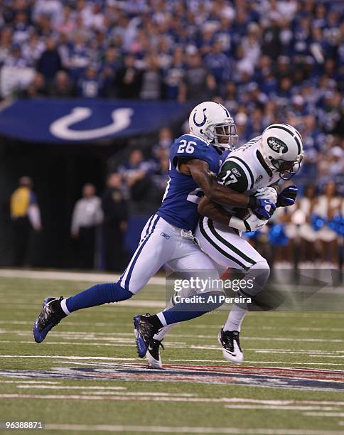 Defensive Back Kelvin Hayden of the Indianapolis Colts makes a stop when the Indianapolis Colts host the New York Jets in the AFC Championship Game...