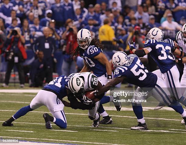 Linebacker Clint Session and Defensive Back Antoine Bethea of the Indianapolis Colts make a stop when the Indianapolis Colts host the New York Jets...