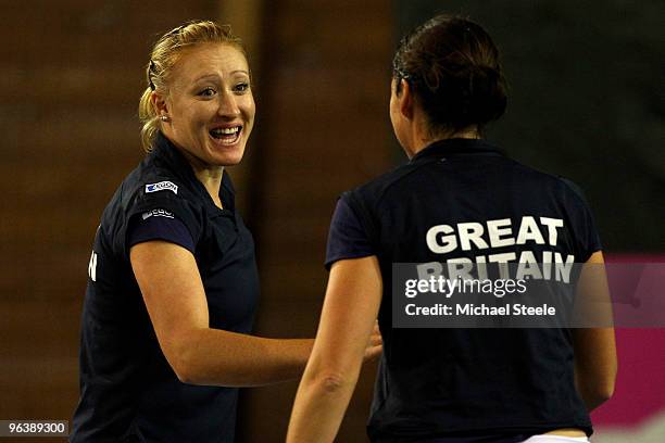 Elena Baltacha of AEGON team Great Britain celebrates a point with doubles partner Sarah Borwell during the third match against Anita Husaric and...