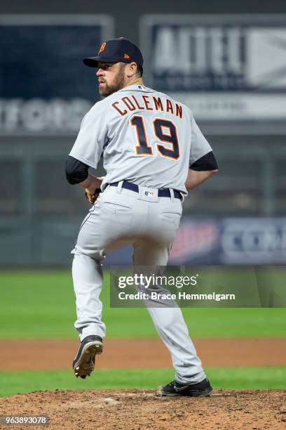 Louis Coleman of the Detroit Tigers pitches against the Minnesota Twins on May 21, 2018 at Target Field in Minneapolis, Minnesota. The Twins defeated...