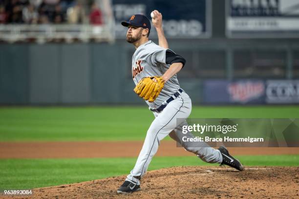 Louis Coleman of the Detroit Tigers pitches against the Minnesota Twins on May 21, 2018 at Target Field in Minneapolis, Minnesota. The Twins defeated...