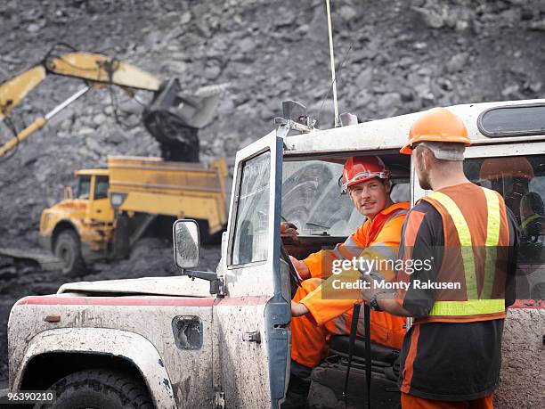 coal miners with landrover in mine - articulated dump truck stock pictures, royalty-free photos & images