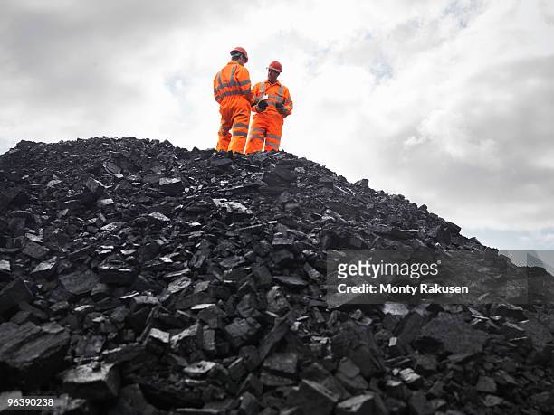 coal miners on pile of coal - coal miner stockfoto's en -beelden