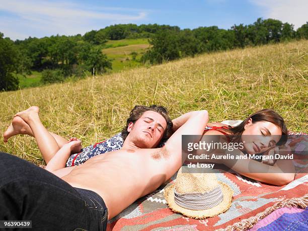 couple on blanket in field - david de lossy sleep stock pictures, royalty-free photos & images