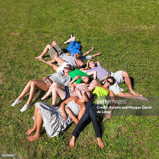 group of young people lying in field - david de lossy sleep stock pictures, royalty-free photos & images