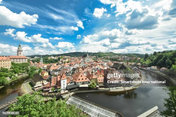 high angle of cesky krumlov skyline on a sunny day with romantic sky in czech republic, a unesco heritage site - eastern european culture stock pictures, royalty-free photos & images
