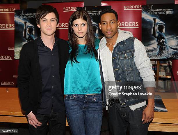 Actors Logan Lerman, Alexandra Daddario, and Brandon T. Jackson promote "Percy Jackson And The Olympians: The Lightning Thief" at Borders Kips Bay on...