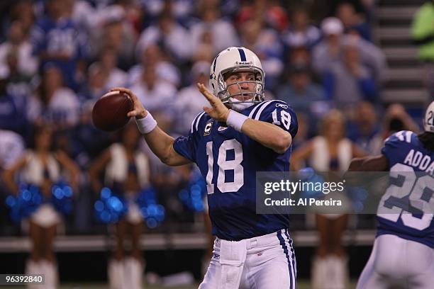 Quarterback Peyton Manning of the Indianapolis Colts passes the ball when the Indianapolis Colts hots the New York Jets in the AFC Championship Game...