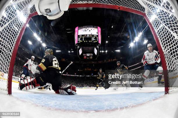 Marc-Andre Fleury of the Vegas Golden Knights gives up a goal to Brooks Orpik of the Washington Capitals during the second period in Game Two of the...