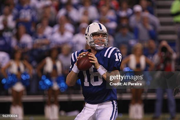 Quarterback Peyton Manning of the Indianapolis Colts passes the ball when the Indianapolis Colts hots the New York Jets in the AFC Championship Game...