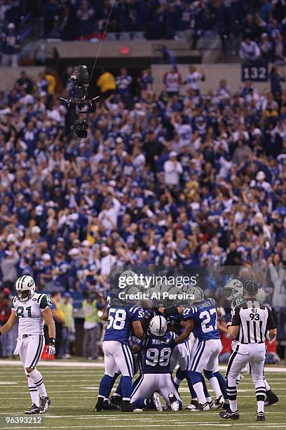 Defensive Back Kelvin Hayden of the Indianapolis Colts celebrates an interception to seal the victory when the Indianapolis Colts host the New York...