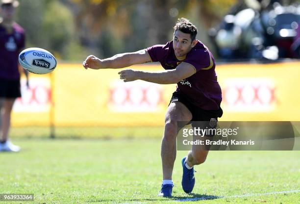Billy Slater passes the ball during a Queensland Maroons training session at Sanctuary Cove on May 31, 2018 at the Gold Coast, Australia.