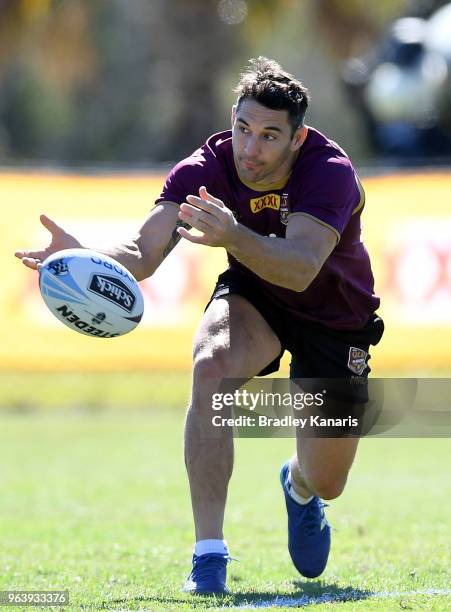 Billy Slater passes the ball during a Queensland Maroons training session at Sanctuary Cove on May 31, 2018 at the Gold Coast, Australia.