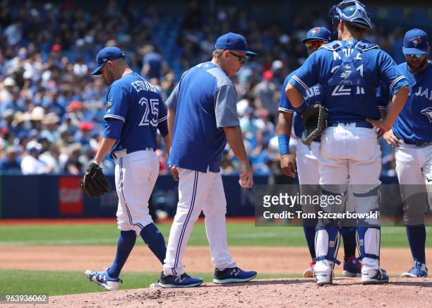 Marco Estrada of the Toronto Blue Jays exits the game as he is relieved by manager John Gibbons in the fifth inning during MLB game action against...