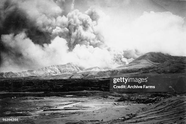 The city of St. Pierre lies in ruins after the eruption of the Mount Pelee volcano in which 30,000 people were killed and only 2 survived 2 days...