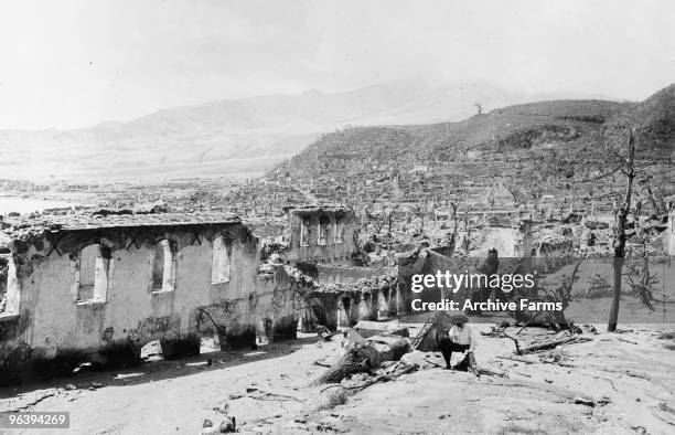 Panorama of the ruins of the entire city of St. Pierre after the blast of the Mount Pelee volcano on May 10, 1902 at St. Pierre, Martinique.