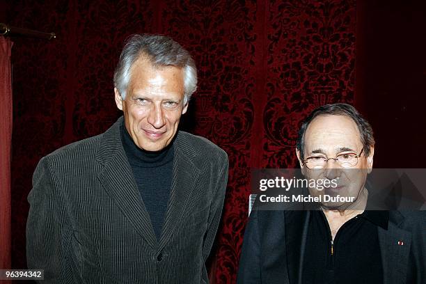 Dominique De Villepin and Robert Hossein attend the "Seznec" Premiere at Theatre de Paris on February 3, 2010 in Paris, France.