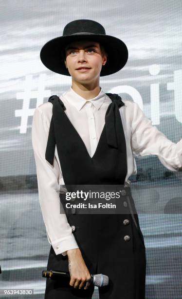 British model, actress and singer Cara Delevingne during the Douglas X Peter Lindbergh campaign launch at ewerk on May 30, 2018 in Berlin, Germany.