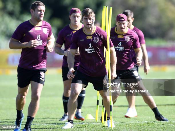 Jai Arrow runs a training drill during a Queensland Maroons training session at Sanctuary Cove on May 31, 2018 at the Gold Coast, Australia.