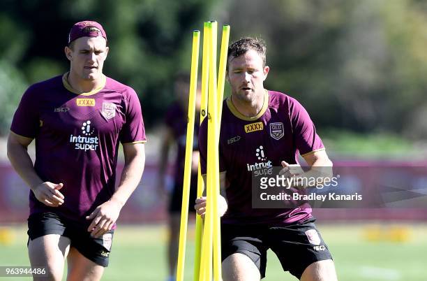 Gavin Cooper runs a training drill during a Queensland Maroons training session at Sanctuary Cove on May 31, 2018 at the Gold Coast, Australia.