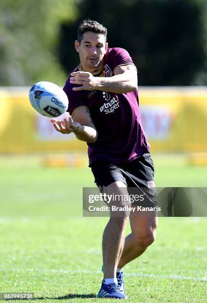 Billy Slater passes the ball during a Queensland Maroons training session at Sanctuary Cove on May 31, 2018 at the Gold Coast, Australia.