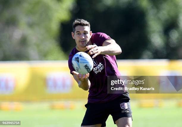 Billy Slater passes the ball during a Queensland Maroons training session at Sanctuary Cove on May 31, 2018 at the Gold Coast, Australia.