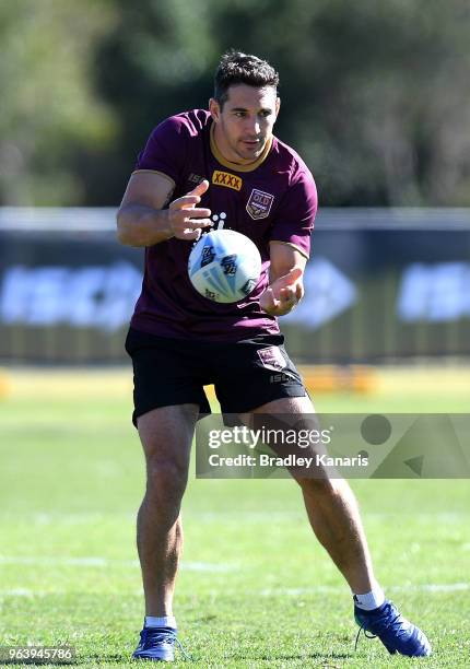 Billy Slater passes the ball during a Queensland Maroons training session at Sanctuary Cove on May 31, 2018 at the Gold Coast, Australia.