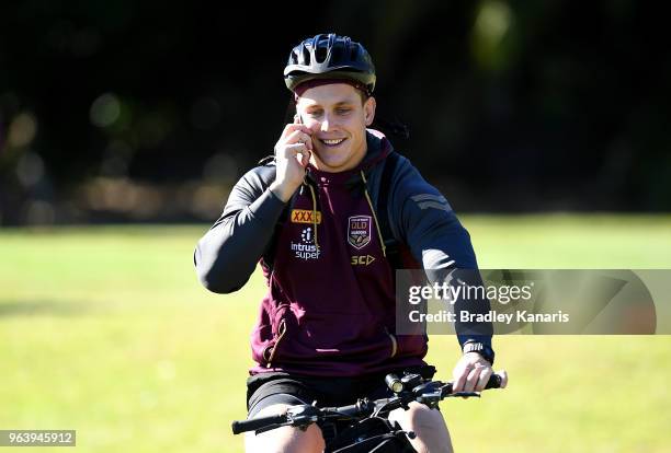 Jarrod Wallace is seen riding a bike during a Queensland Maroons training session at Sanctuary Cove on May 31, 2018 at the Gold Coast, Australia.