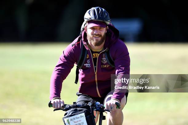 Josh McGuire is seen riding a bike during a Queensland Maroons training session at Sanctuary Cove on May 31, 2018 at the Gold Coast, Australia.