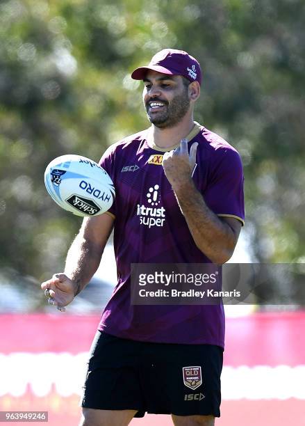 Greg Inglis has a laugh during a Queensland Maroons training session at Sanctuary Cove on May 31, 2018 at the Gold Coast, Australia.