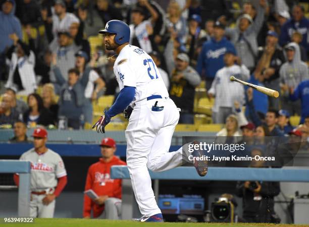 Matt Kemp of the Los Angeles Dodgers hits a two run home run in the third inning of the game against the Philadelphia Phillies at Dodger Stadium on...