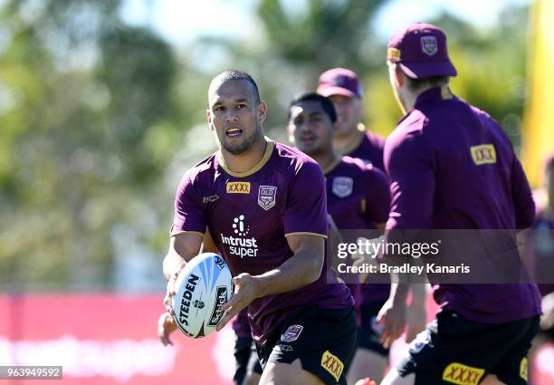 Will Chambers looks to pass during a Queensland Maroons training session at Sanctuary Cove on May 31, 2018 at the Gold Coast, Australia.