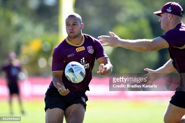 Moses Mbye passes the ball during a Queensland Maroons training session at Sanctuary Cove on May 31, 2018 at the Gold Coast, Australia.