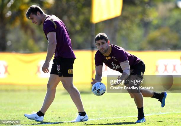 Andrew McCullough passes the ball during a Queensland Maroons training session at Sanctuary Cove on May 31, 2018 at the Gold Coast, Australia.