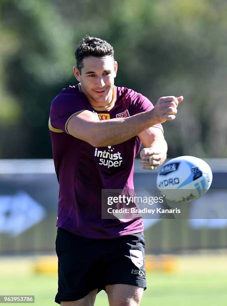 Billy Slater passes the ball during a Queensland Maroons training session at Sanctuary Cove on May 31, 2018 at the Gold Coast, Australia.