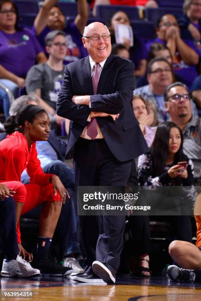Coach Mike Thibault of the Washington Mystics looks on in approval during the game against the Phoenix Mercury on May 30, 2018 at Talking Stick...