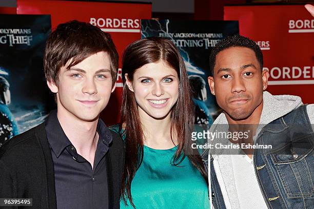 Actors Logan Lerman, Alexandra Daddario and Brandon T. Jackson attend a meet and greet with the cast of "Percy Jackson And The Olympians: The...