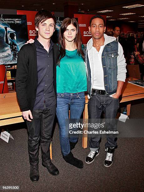 Actors Logan Lerman, Alexandra Daddario and Brandon T. Jackson attend a meet and greet with the cast of "Percy Jackson And The Olympians: The...